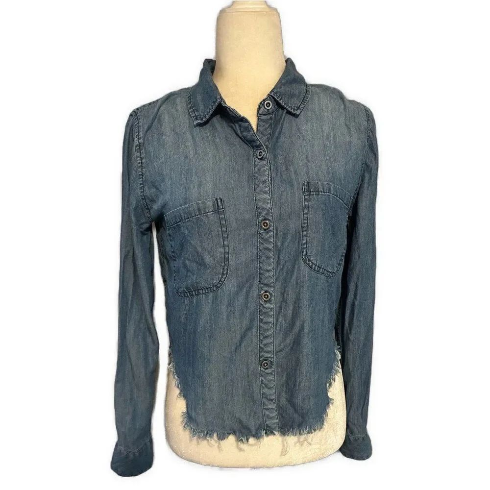 Rails Solid Blue Denim Jean Print Long Sleeve Button Down Top Xs